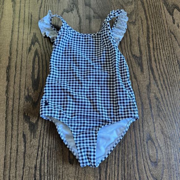 Polo Ralph Lauren Girl Gingham Checkered One Piece Swim Suit Navy Blue Size 3/3T - Picture 1 of 6